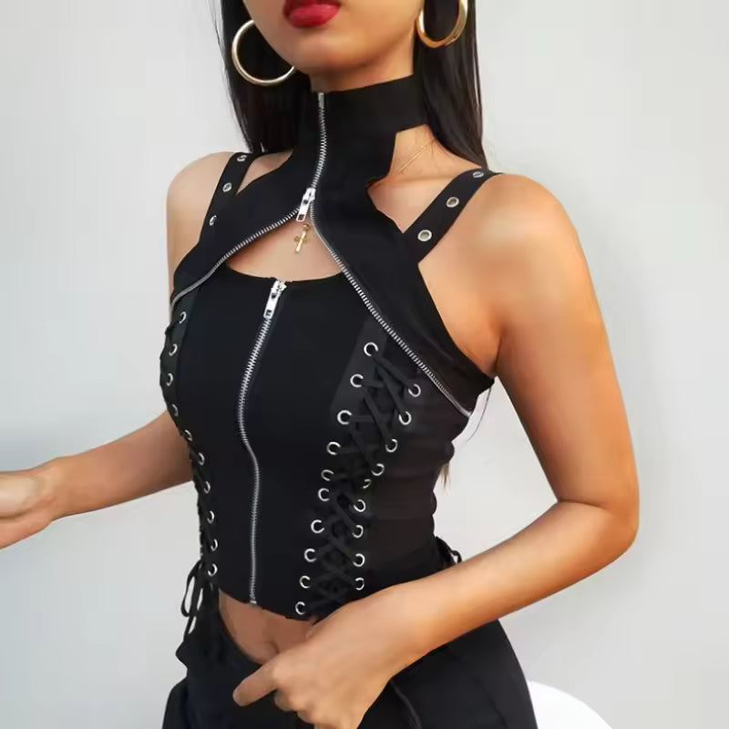 Halter Gothic Corset Vest High Waist Bandage Hollow Out Crop Top Mssza