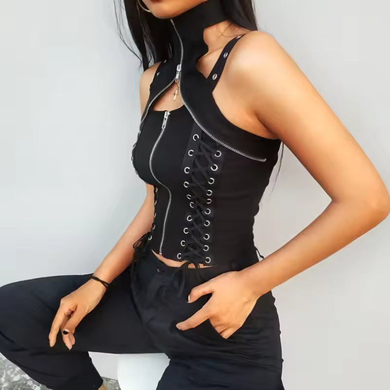 Halter Gothic Corset Vest High Waist Bandage Hollow Out Crop Top Mssza