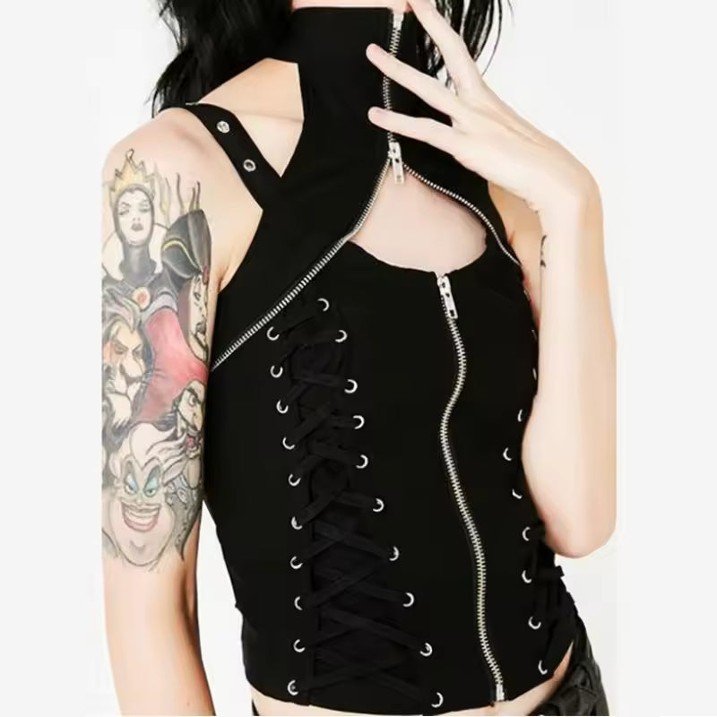 Halter Gothic Corset Vest High Waist Bandage Hollow Out Crop Top Mssza