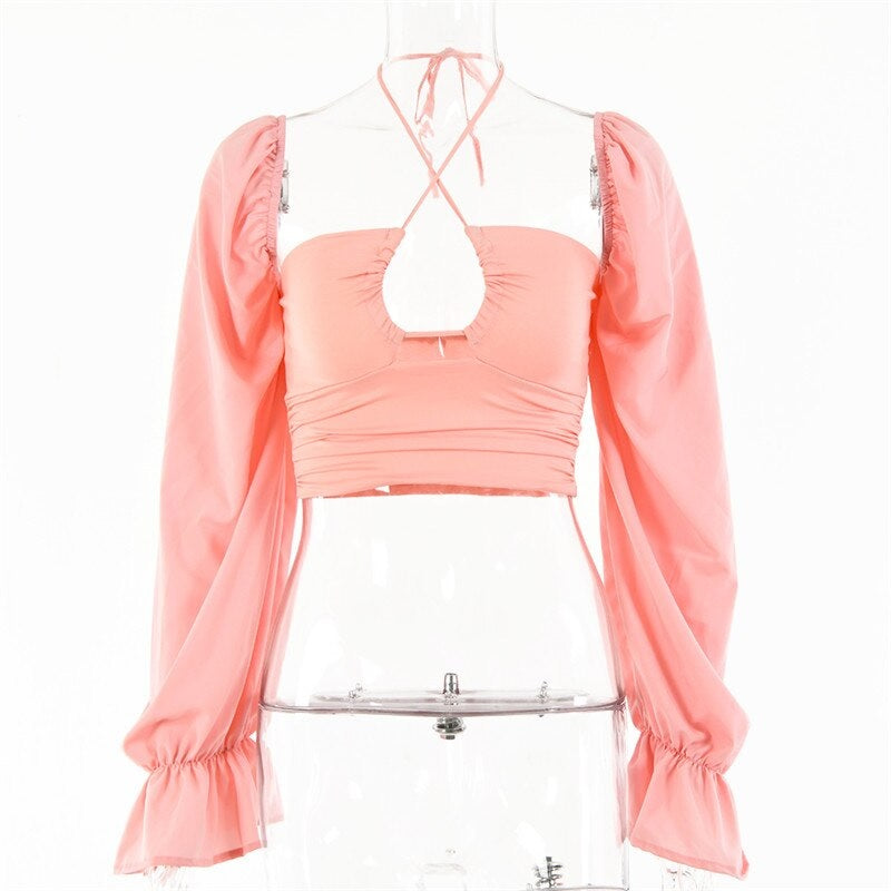 Halter Hollow Out Lantern Long Sleeve Crop Tops Mssza