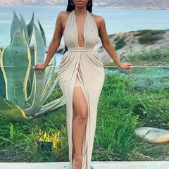 Halter Plunge Thigh Slit Maxi Dress Mssaz Desses