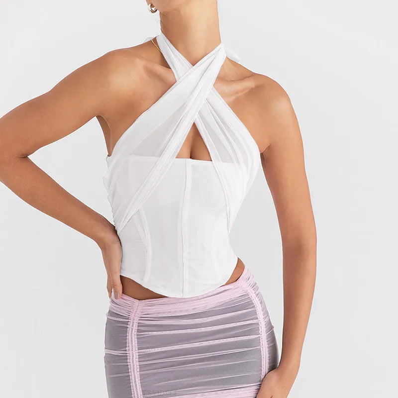 Halter Sleeveless Skinny With Fishbone Backless Club Party Crop Tops Mssza