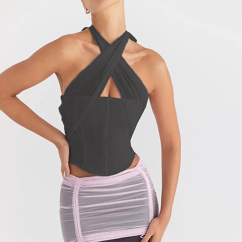Halter Sleeveless Skinny With Fishbone Backless Club Party Crop Tops Mssza