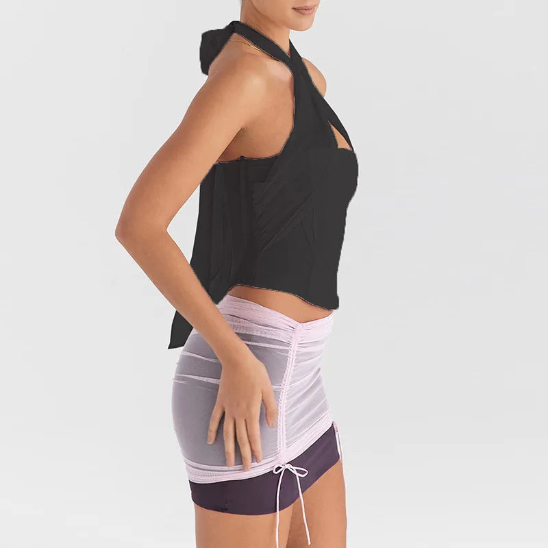 Halter Sleeveless Skinny With Fishbone Backless Club Party Crop Tops Mssza