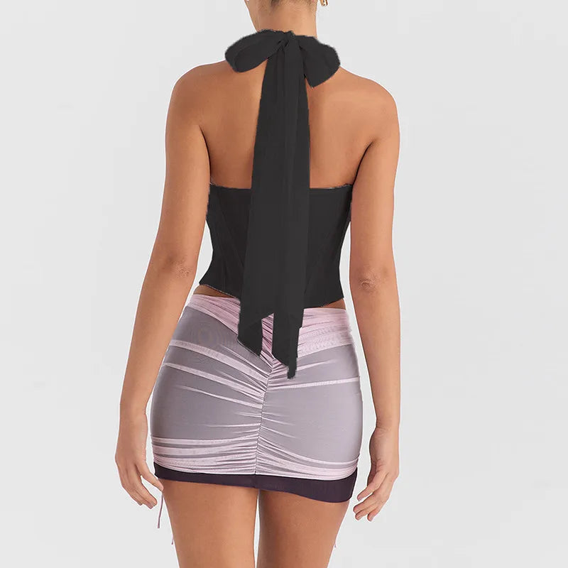 Halter Sleeveless Skinny With Fishbone Backless Club Party Crop Tops Mssza
