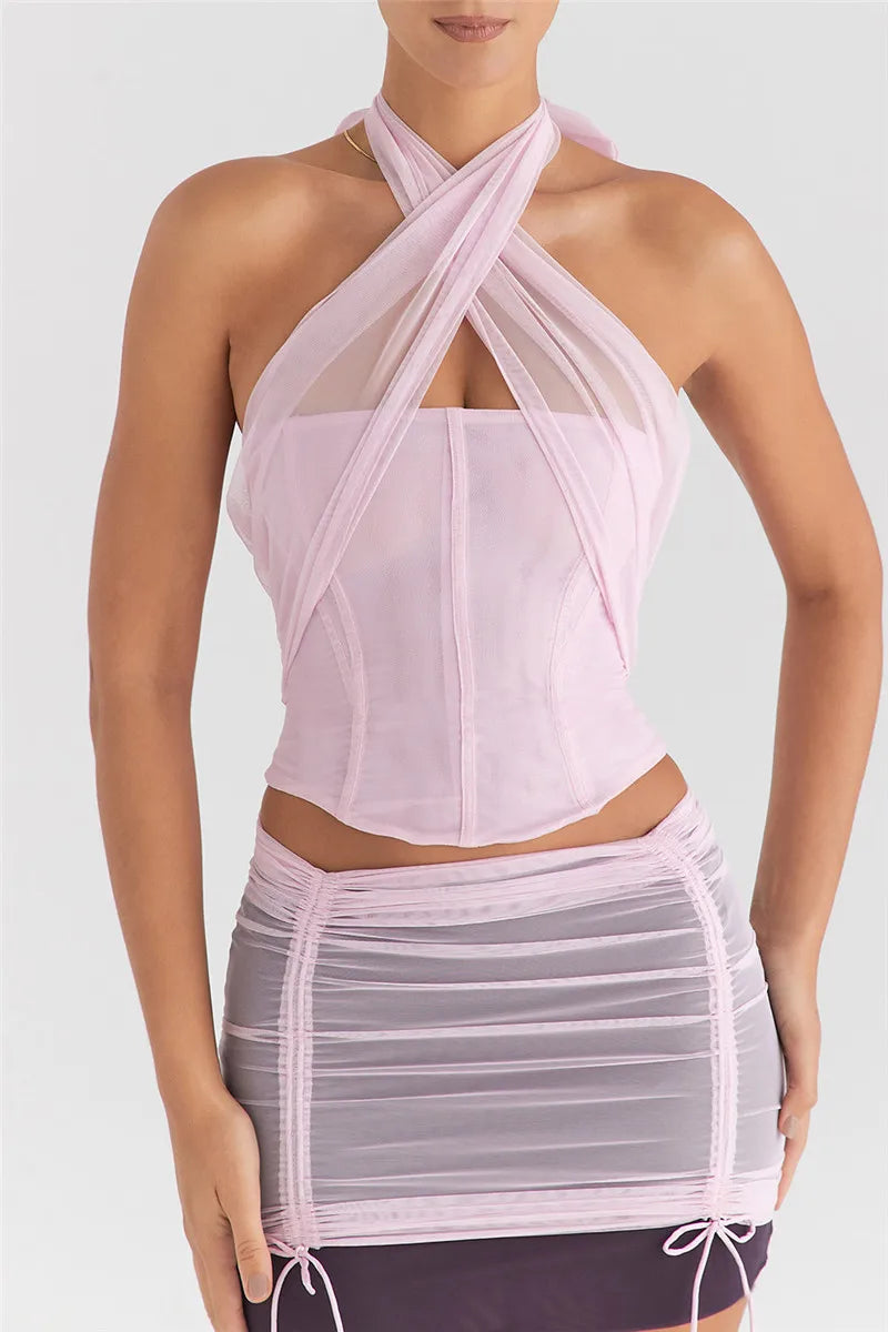 Halter Sleeveless Skinny With Fishbone Backless Club Party Crop Tops Mssza