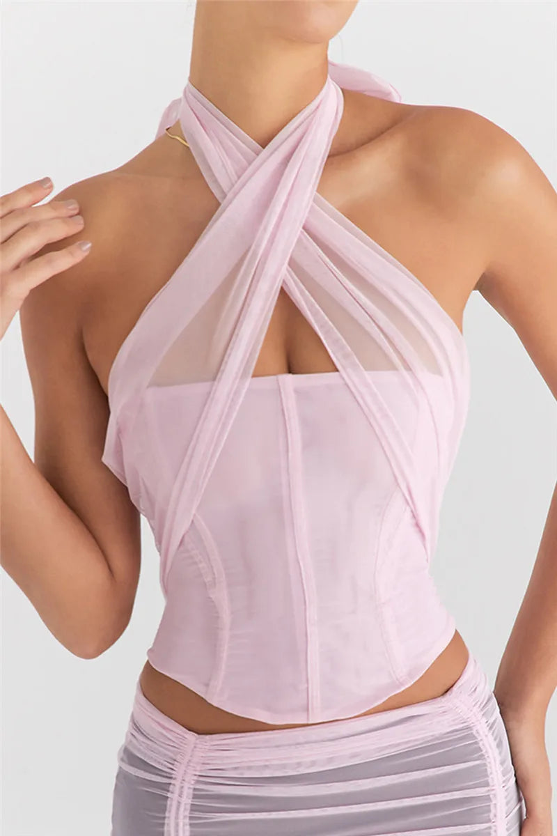Halter Sleeveless Skinny With Fishbone Backless Club Party Crop Tops Mssza