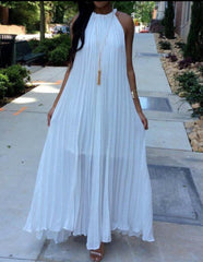 Halter White Pleated Maxi Dress Mssaz Desses