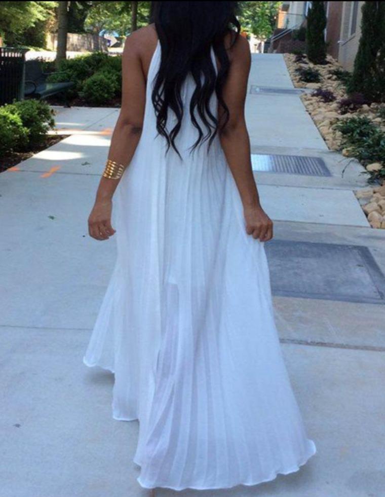 Halter White Pleated Maxi Dress Mssaz Desses