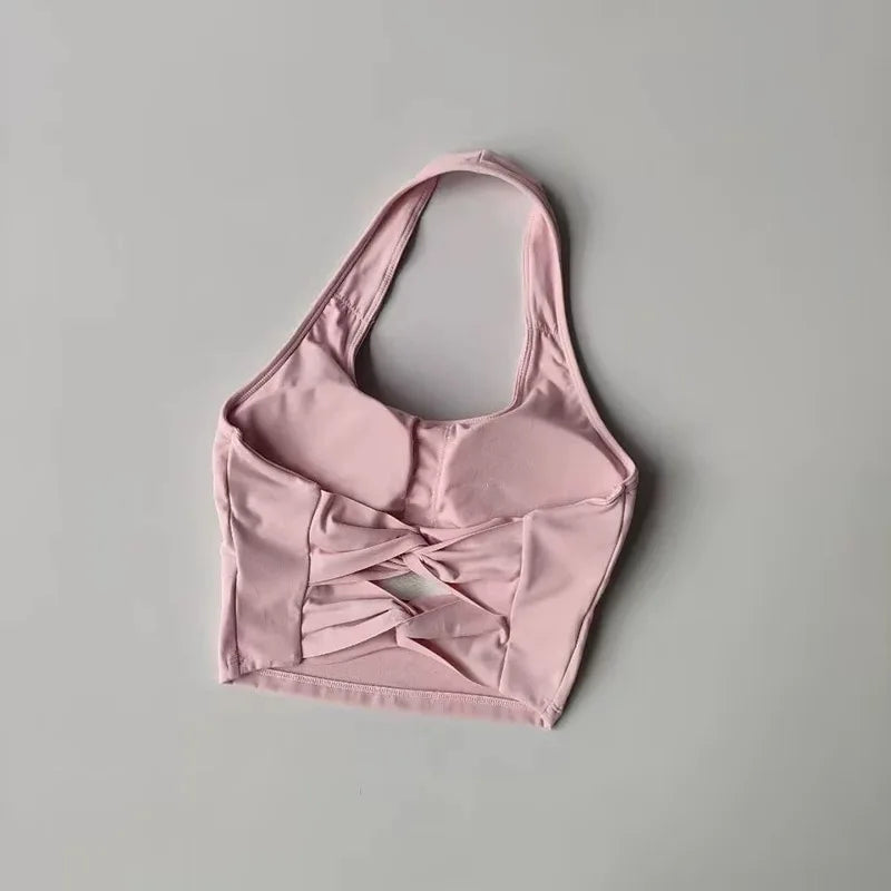Halterneck Sports Bra with Detachable Chest Pad Cross Beautiful Back Yoga Underwear Tight Fitness Top Mssza