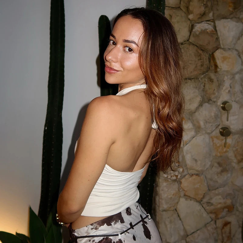 Hanging Neck Tie Hollow Out Metal Ring Strapless Backless Tank Top Mssza