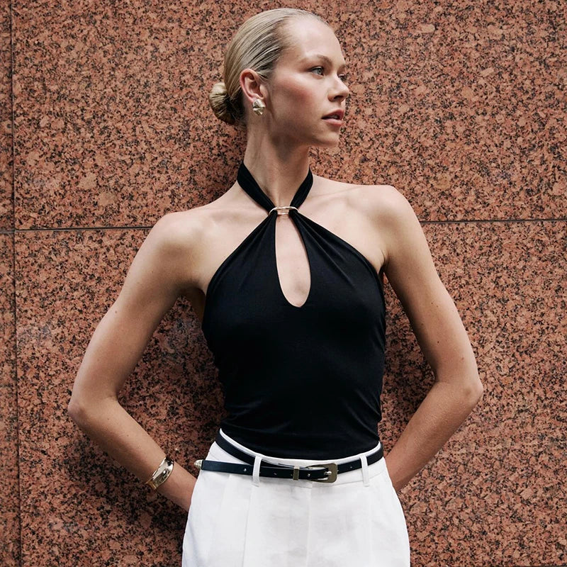 Hanging Neck Tie Hollow Out Metal Ring Strapless Backless Tank Top Mssza