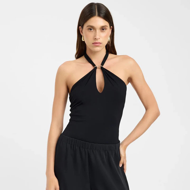 Hanging Neck Tie Hollow Out Metal Ring Strapless Backless Tank Top Mssza