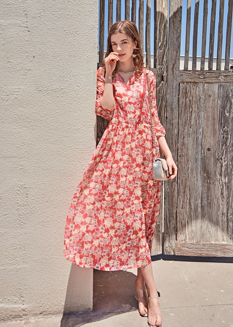 V Neck 3/4 Sleeves Floral Printed Lace Patchwork Holiday Dresses Mssaz Desses