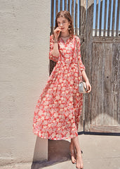 V Neck 3/4 Sleeves Floral Printed Lace Patchwork Holiday Dresses Mssaz Desses