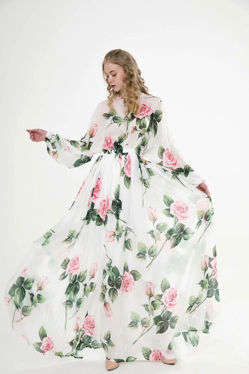 Long Sleeves Floral Printed Lace Up Elegant Maxi Design Casual Dress Mssaz Desses