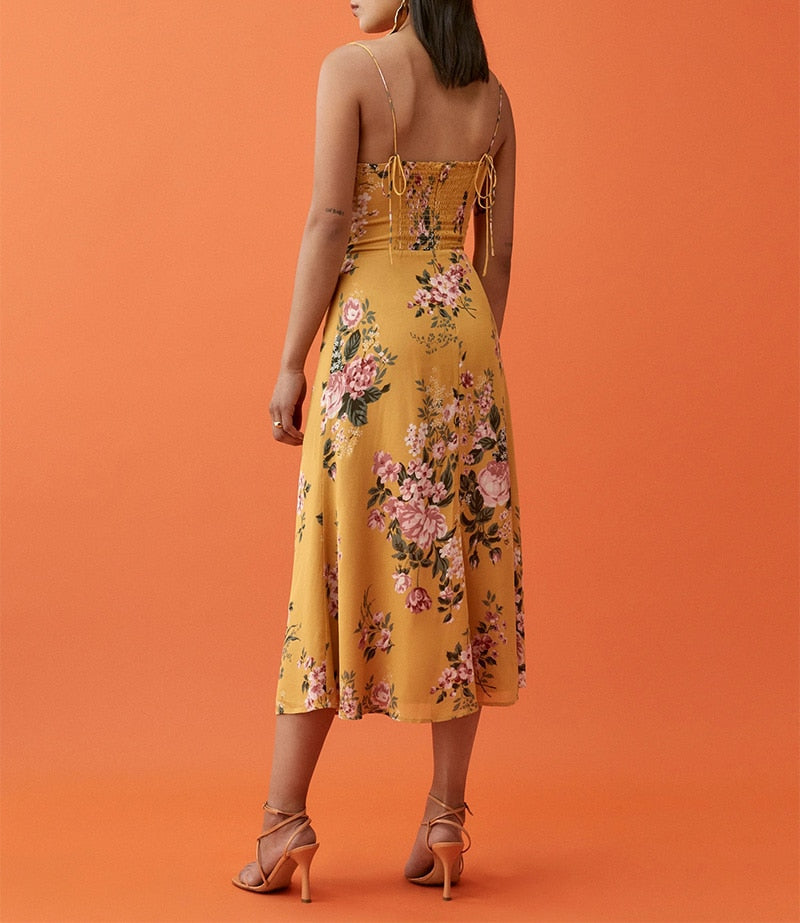 Vintage Midi Dress Side High Slit  Spaghetti Strap Dress Mssaz Desses