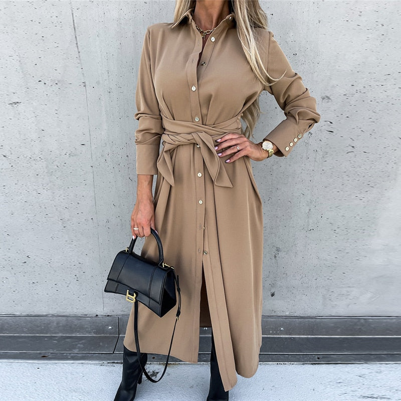 Slim Lace Up Long Sleeve Turn Down Collar Maxi Dress Mssaz Desses