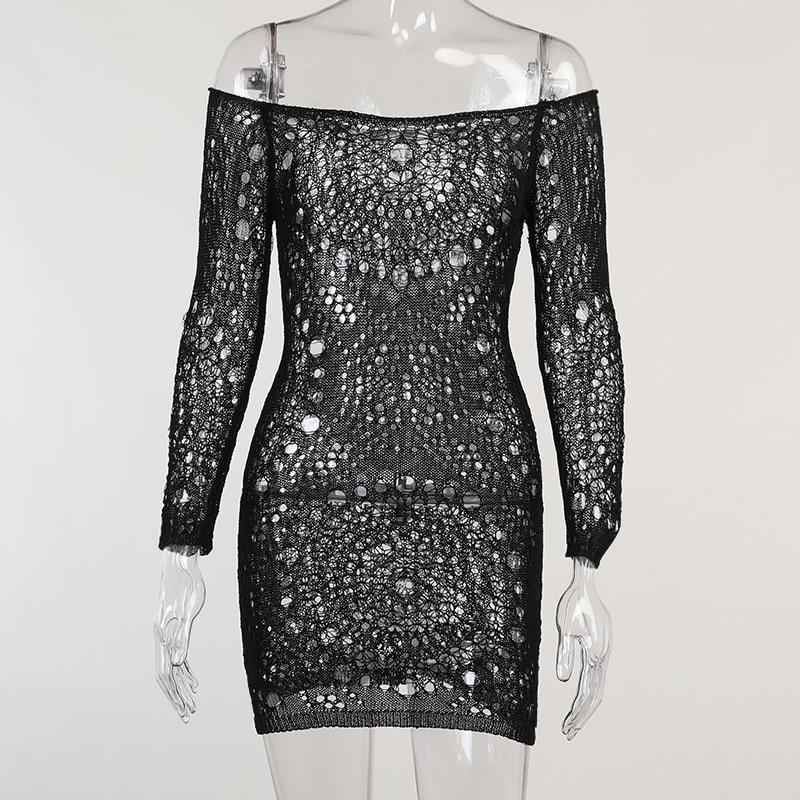 Spring  Hollow Out Crochet Knit Bodycon Dress Mssaz Desses