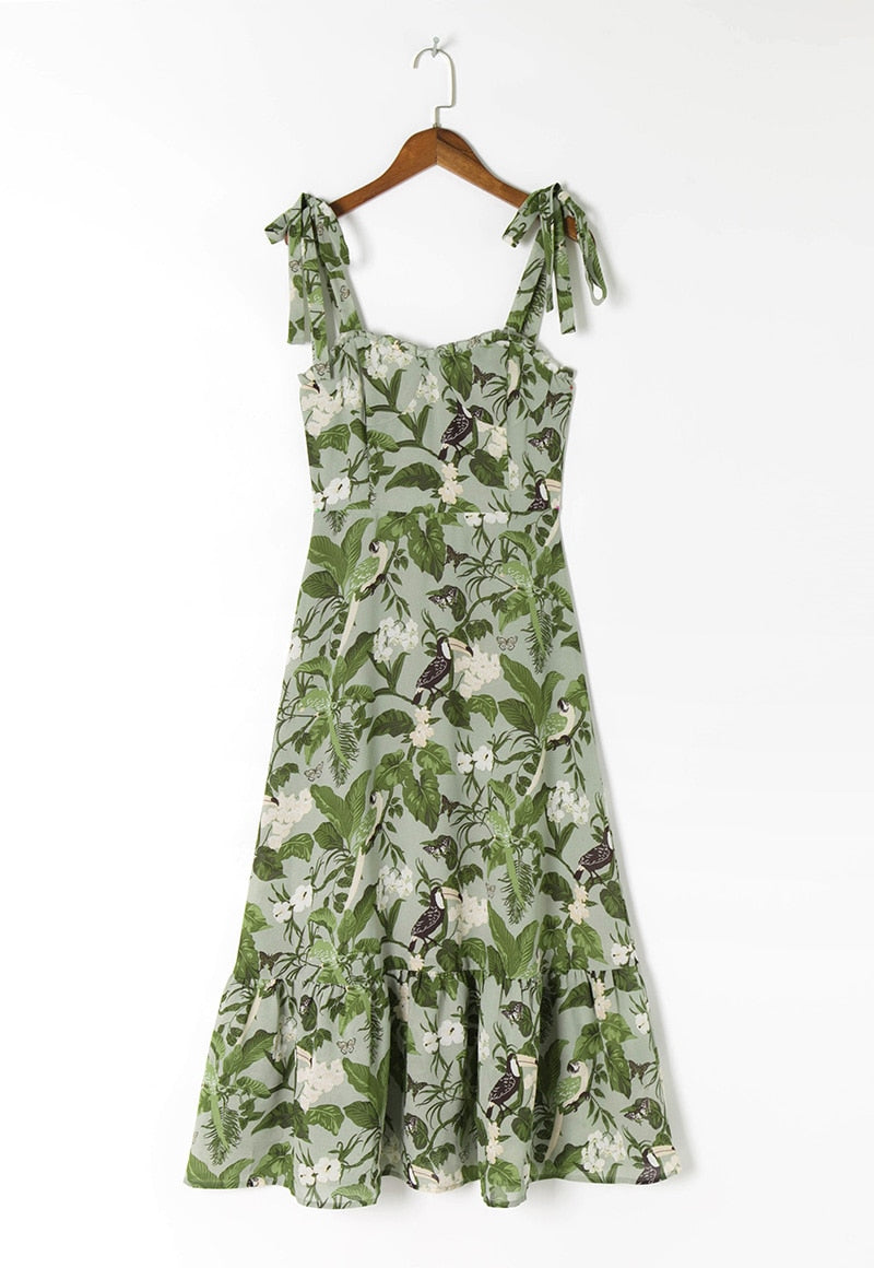 Elegant Ruffle Hem Beach  Dress Sweetheart Neck Tie Strap Midi Dress Mssaz Desses