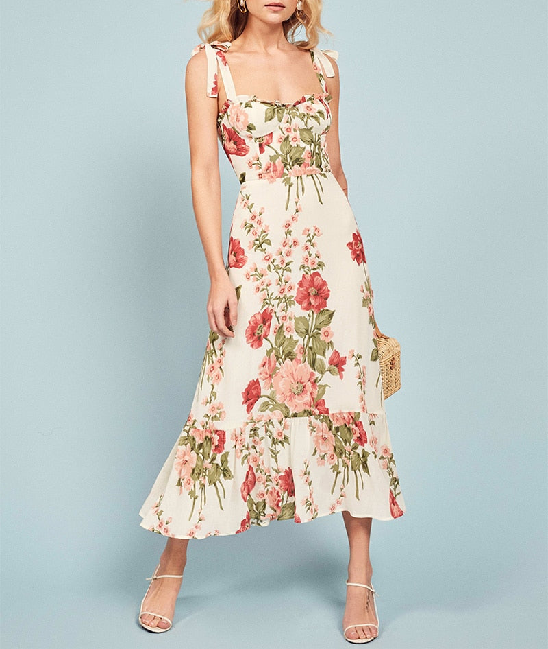 Print Beach Dress Sweetheart Neck Strap Elegant Vintage Chiffon Midi Dress Mssaz Desses