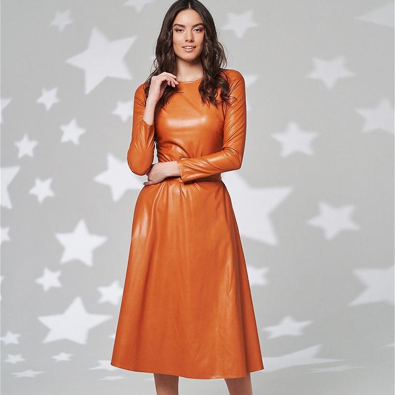 Fit And Flare Winter Dress a Line Pockets Pu Leather Midi Dress Mssaz Desses