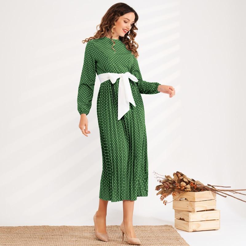 New Round Neck Polka Dot Waist Slimming Belt Long Pleated Lantern Sleeve Sweet and Versatile Dress Mssaz Desses