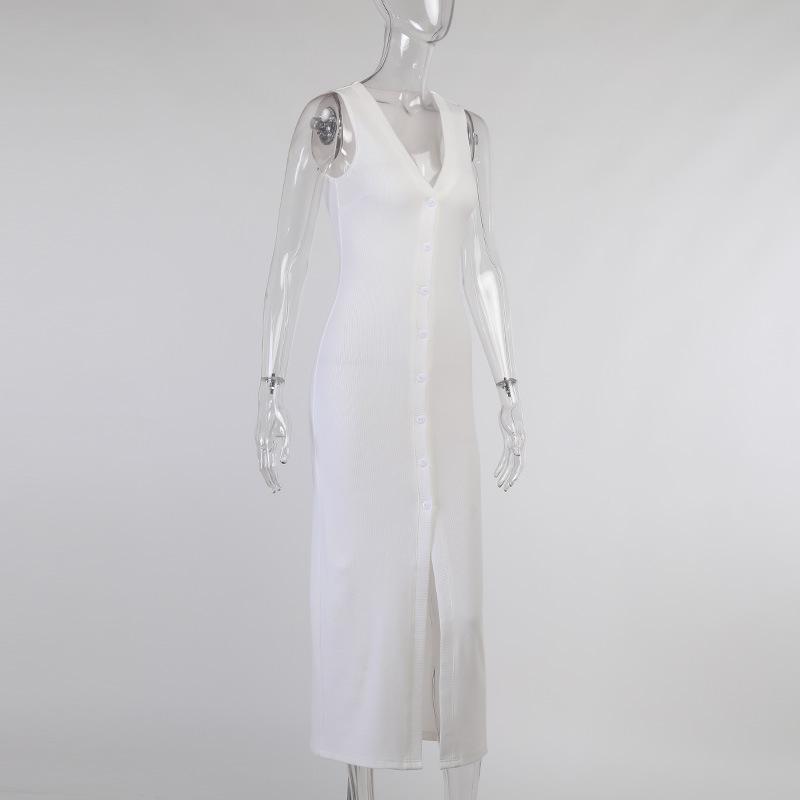 Vacation Button Up Split V Neck Sleeveless Long Dress Mssaz Desses