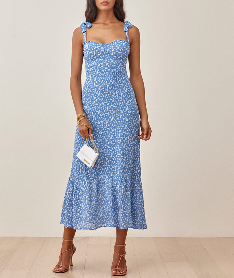 Elegant Ruffle Hem Floral Chiffon Midi Dress Neck Strap Tie  Slip Dress Mssaz Desses