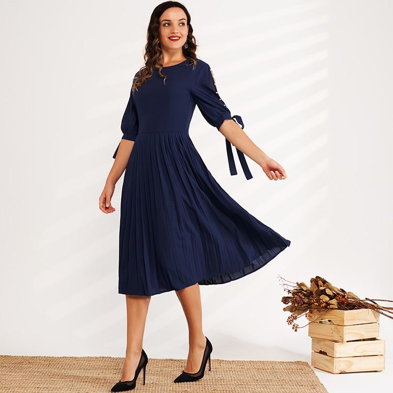 New Dress Waist Solid Color Round Leader Hollow Pearl Bow Decoration Ol Sweet All-match Dress Mssaz Desses