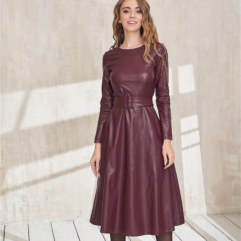 Fit And Flare Winter Dress a Line Pockets Pu Leather Midi Dress Mssaz Desses