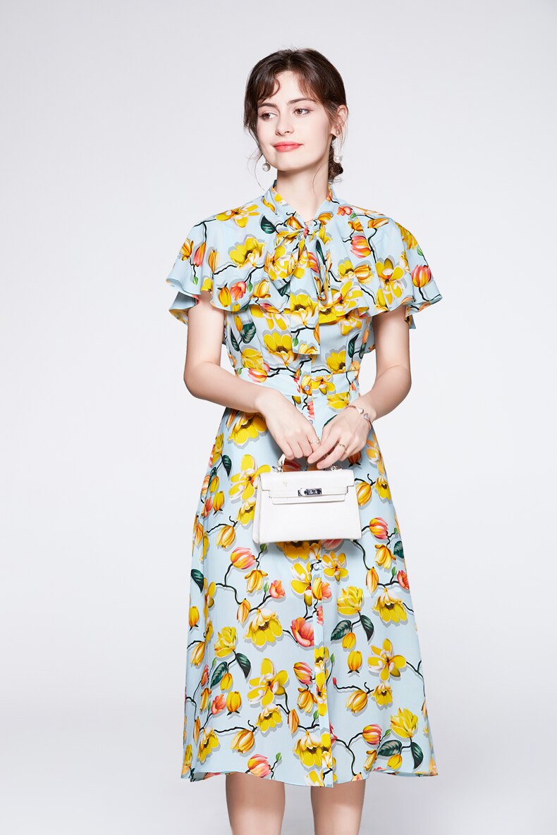 Lace Up Bow Collar Ruffles Printed Cape Sleeves Elegant Holiday Dress Mssaz Desses