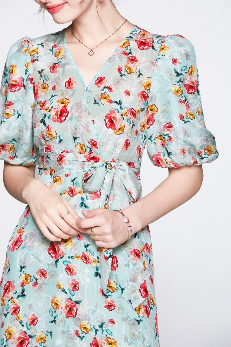 V Neck Short Sleeves Printed Sash Belt  Dress Mssaz Desses