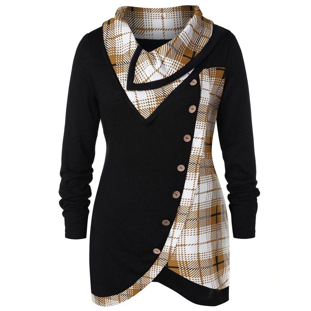 Plaid Colorblock Button Asymmetric Layered Dress Mssaz Desses