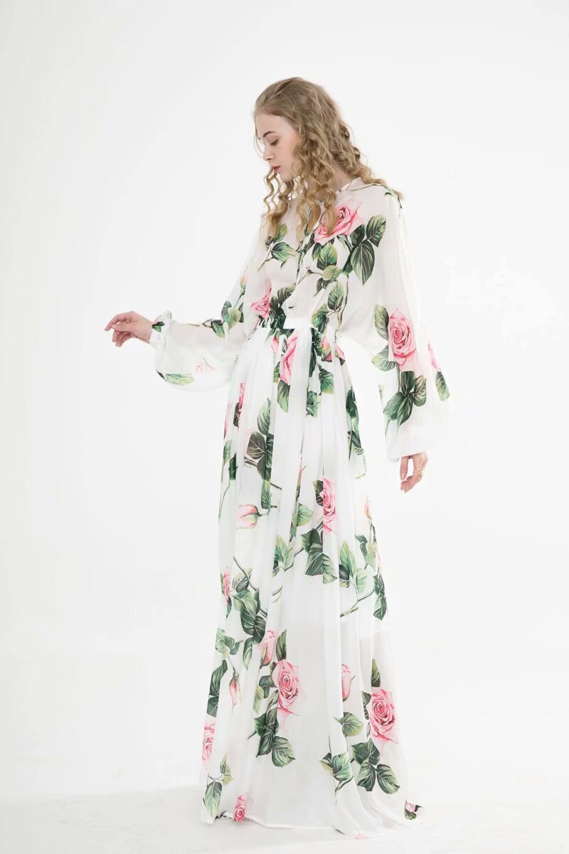Long Sleeves Floral Printed Lace Up Elegant Maxi Design Casual Dress Mssaz Desses