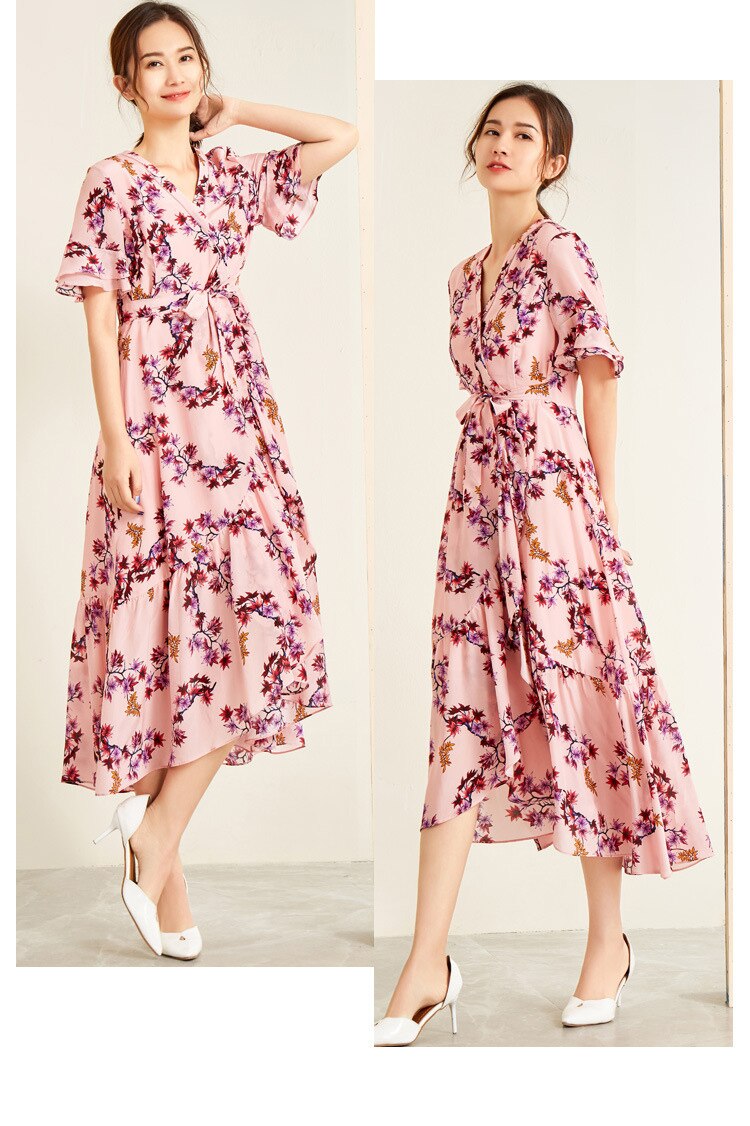 V Neck Ruffles Short Sleeves Printed Casual  Dresses Mssaz Desses