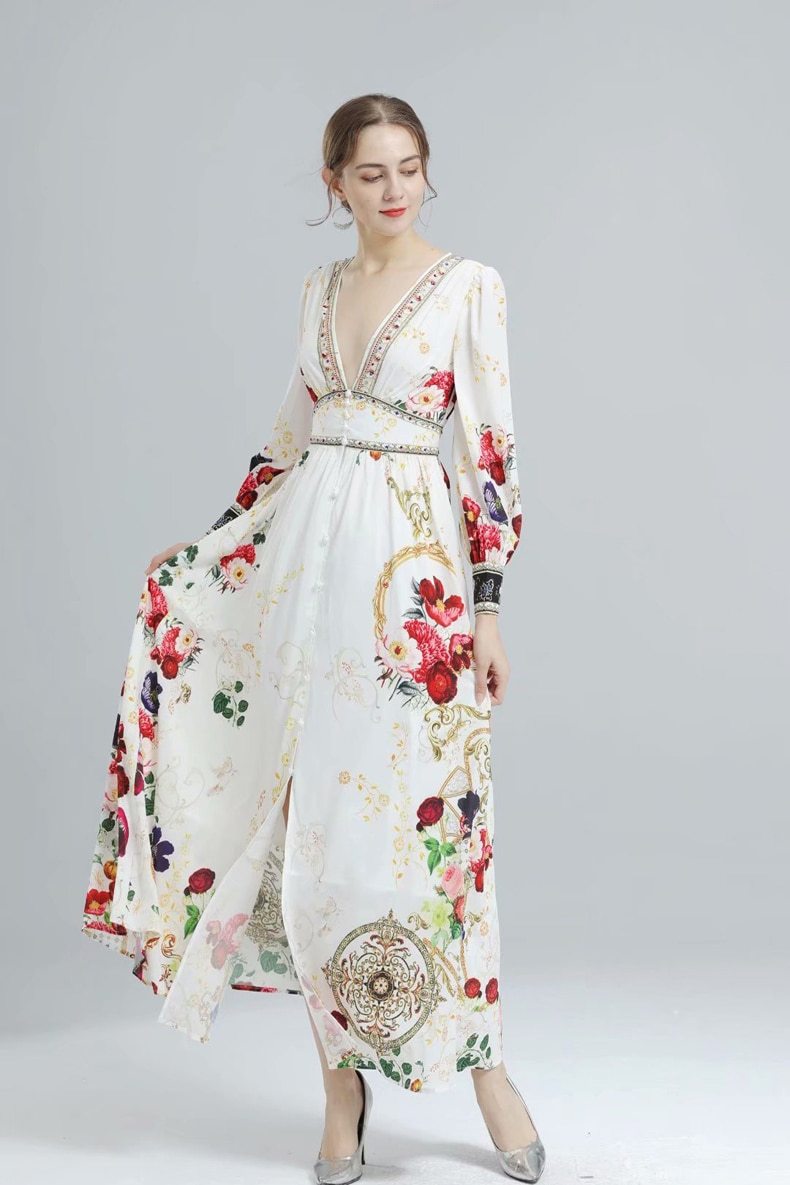 Long Sleeves Split Front Floral Printed High Street Dresses Mssaz Desses