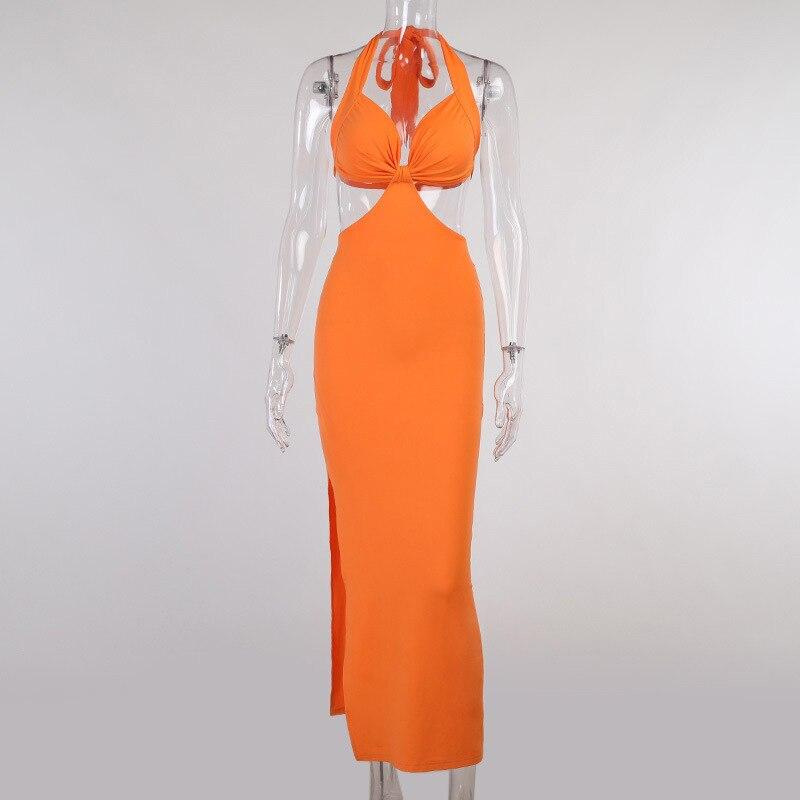 Solid  Open Back Halter Split Maxi Dress Mssaz Desses