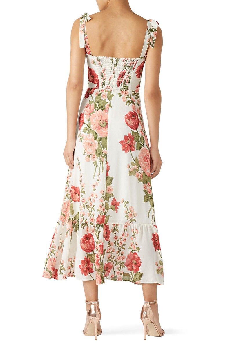 Print Beach Dress Sweetheart Neck Strap Elegant Vintage Chiffon Midi Dress Mssaz Desses