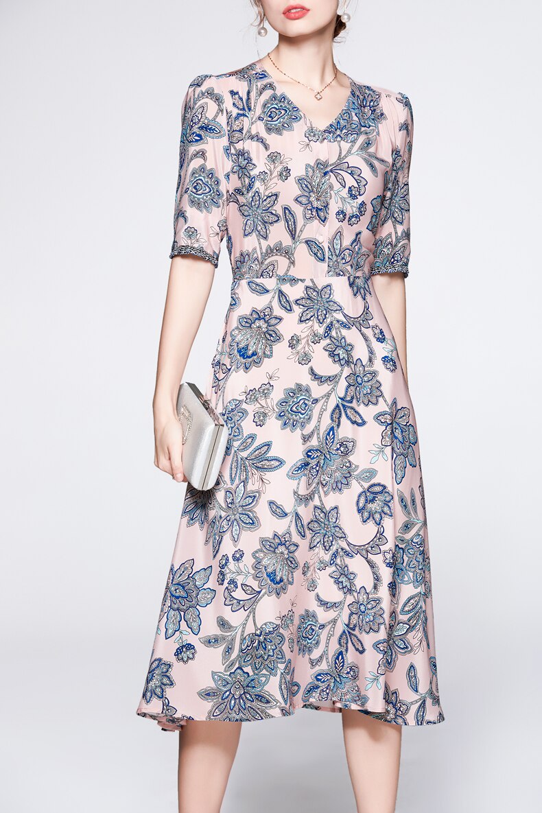 V Neck Short Sleeves Printed Ruched  Dress Mssaz Desses
