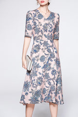 V Neck Short Sleeves Printed Ruched  Dress Mssaz Desses