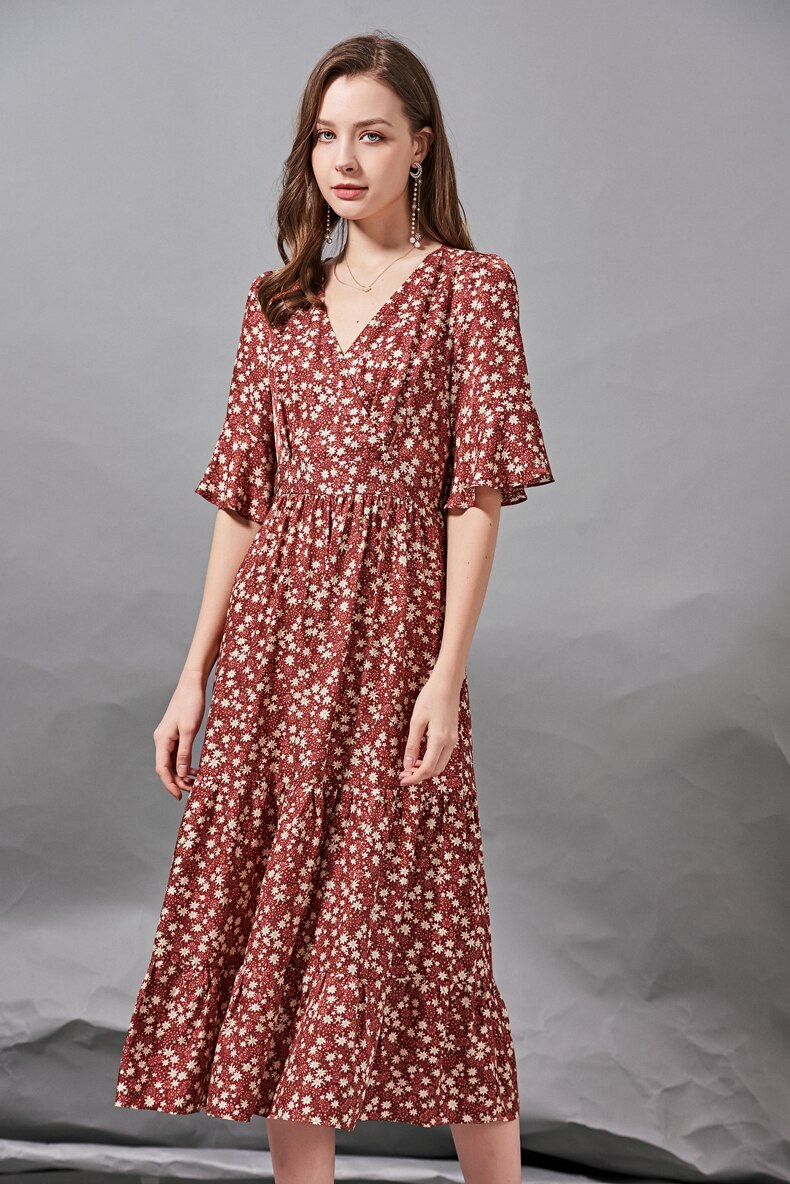 V Neck Short Sleeves Ruffles Printed Elegant  Dress Mssaz Desses