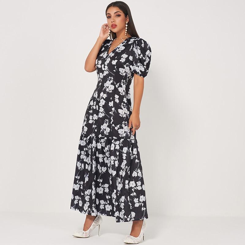 New Retro Long Waist Fishtail Slim-fit V-neck Lantern Sleeves Banquet Floral Sweet Dress Mssaz Desses
