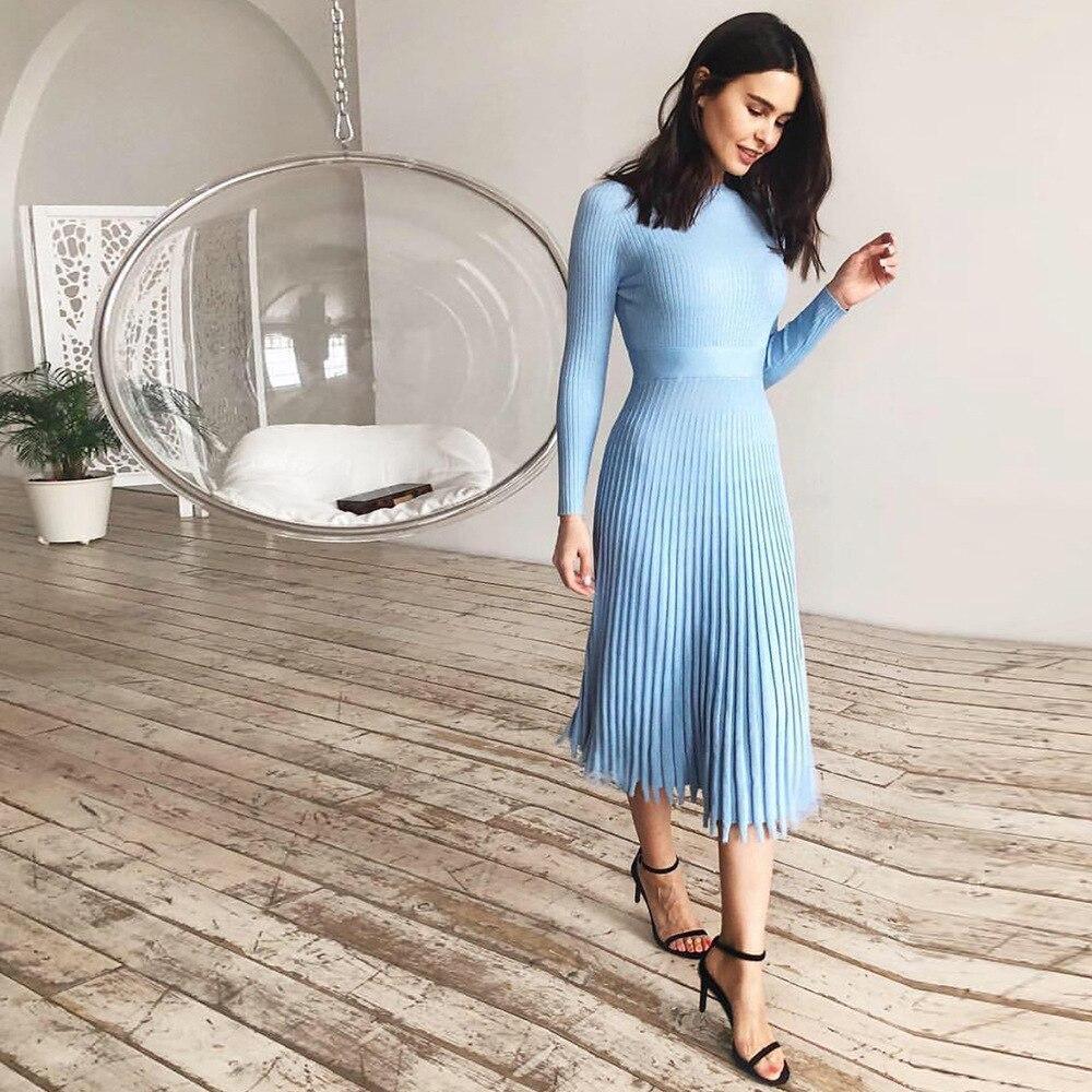 Knitted Long Dress Autumn Winter Slim Sleeve Ladies Dresses Mssaz Desses