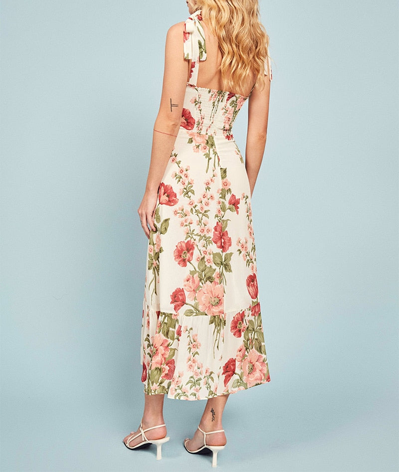 Print Beach Dress Sweetheart Neck Strap Elegant Vintage Chiffon Midi Dress Mssaz Desses