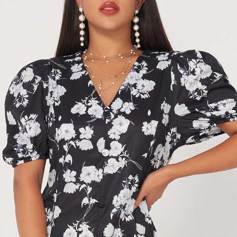 New Retro Long Waist Fishtail Slim-fit V-neck Lantern Sleeves Banquet Floral Sweet Dress Mssaz Desses