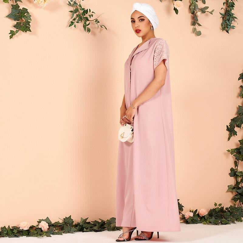 Ladies Lapel Sequin Stitching Loose and Elegant Thin Arabian Powder Dress Long Dress (without Headscarf) Mssaz Desses