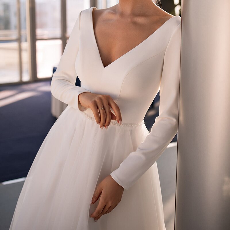 Slim V Neck White Long Sleeves Evening Party Dresses Mssaz Desses