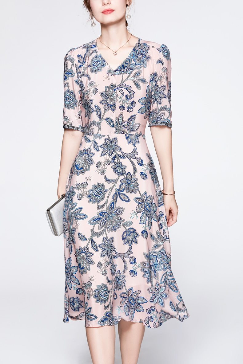 V Neck Short Sleeves Printed Ruched  Dress Mssaz Desses
