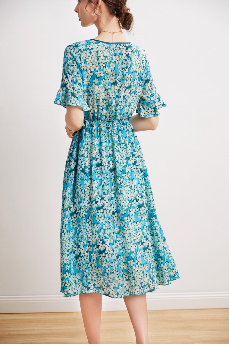 O Neck Short Sleeves Lace Up Waist Floral Printed Elegant  Dress Mssaz Desses